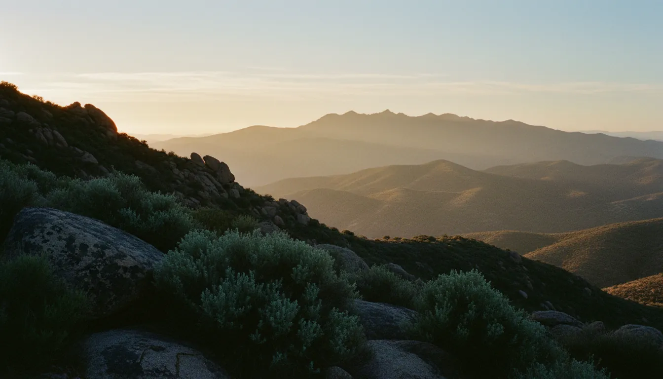 Dawn light breaking over layered hills and sage-covered boulders