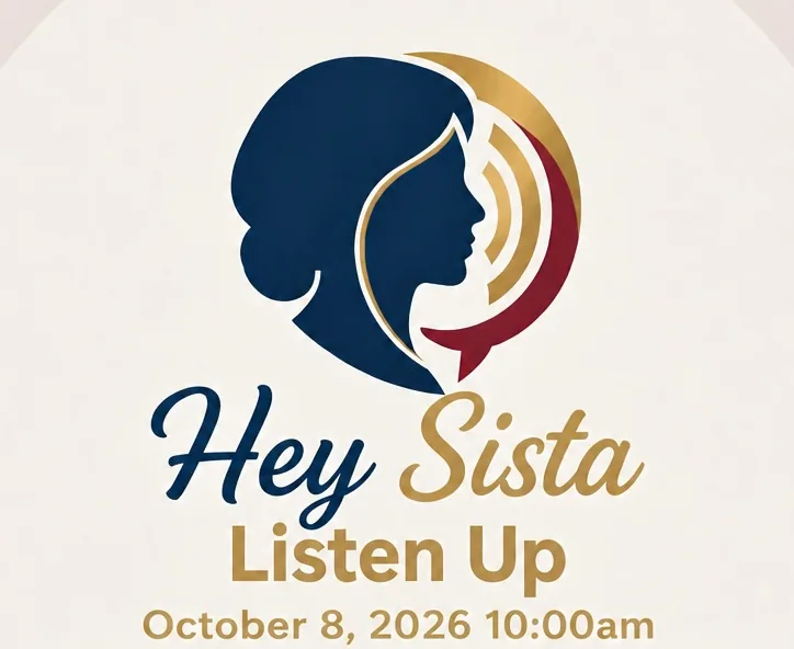 Event mark for Hey Sista Listen Up: a navy silhouette of a woman's profile beside gold and crimson sound waves forming a speech bubble, with the date October 8, 2026, 10:00am