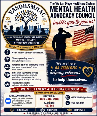 Flyer: the VA San Diego Healthcare System Mental Health Advocacy Council invites you to join us
